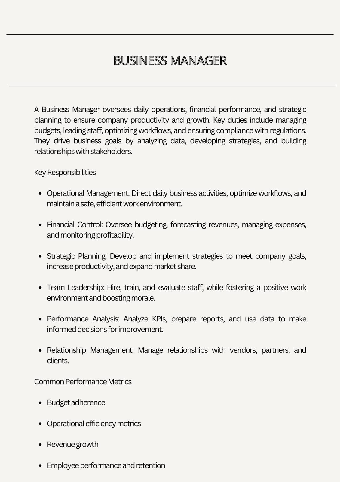 Job Description - Operation Manager